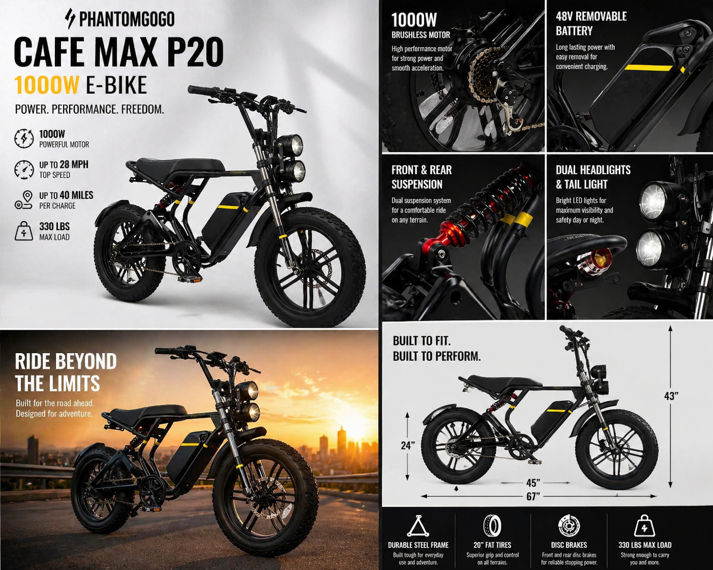 PhantomGoGo Cafe Max P20 e-bike feature collage showing motor, removable battery, suspension, lights, dimensions, and core specs