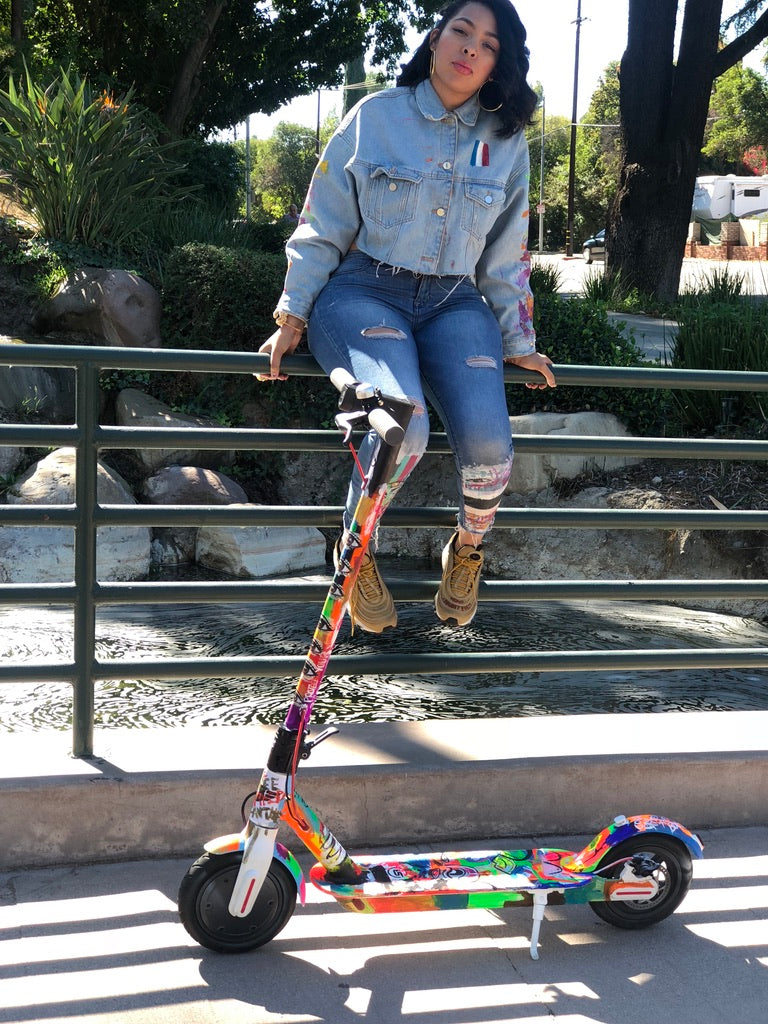 A rider perched above a hand-painted custom scooter by the water